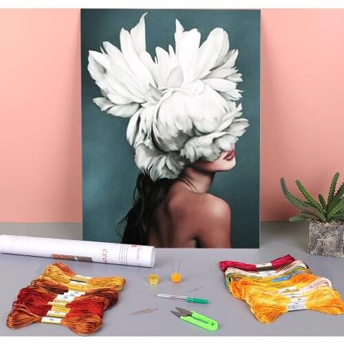 Girl Flower Pre-Printed 11CT Cross Stitch Embroidery Kit DMC Threads Handicraft Handmade Craft Needlework Floss Stamped