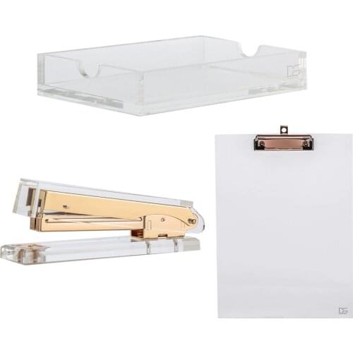 3pcs/setClear Memo Pad Note Holder+ Clear Acrylic Clipboard+Acrylic Stapler desk kit