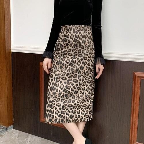 New Autumn Spring Women' Leather Skirt Leopard Print Slit Skirt MIDI Skirt High Waist Sheepskin Leather Midskirt Female Skirt