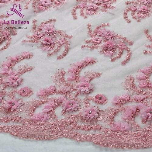 New fashion yellow/pink heavy workmanship 3D flowers beaded on mesh wedding dress/evening dress lace fabric by yard