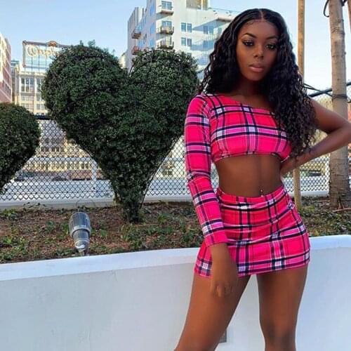 Plaid Print Sexy Two Piece Set One Shoulder Long Sleeve Crop Top Skirt Matching Sets Club Outfits Spring 2020