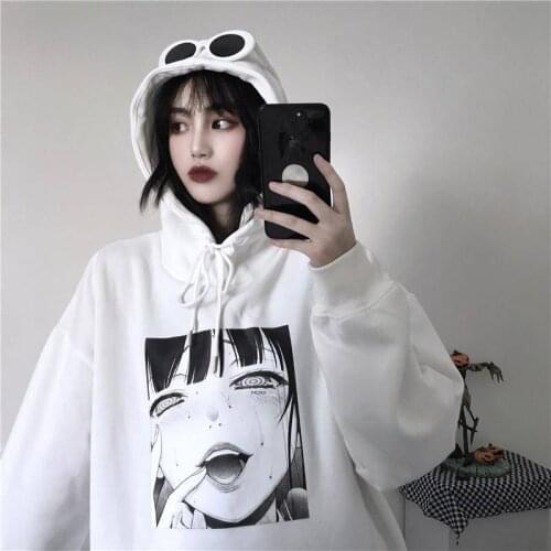 Casual Autumn Japanese Cute Hoodie Women Sexy Graphic Print Hoodie Streetwear Fashion White Pullover Japan Sweatshirts Females