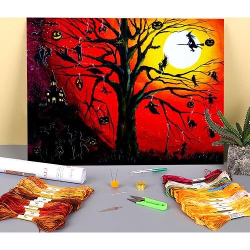 Natural Scenery Happy Halloween Pre-Printed 11CT Cross-Stitch Full Kit Embroidery DMC Threads Handicraft Handmade Design