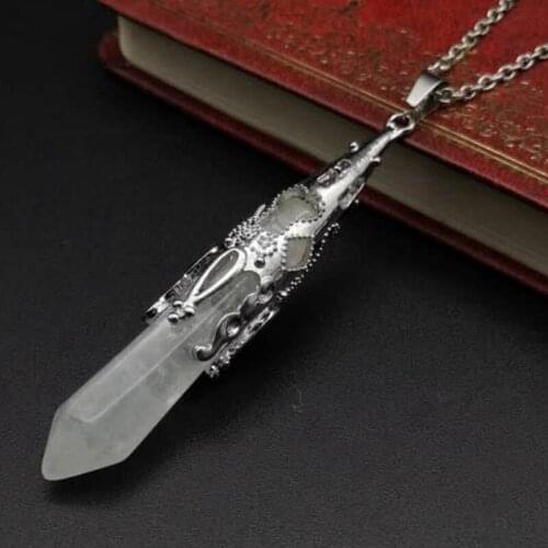 Reiki Real Raw Pink Purple Gem Crystal Necklace Hexagonal Bullet Reiki Chakra Natural Stone Necklace Pendant Women Men Jewelry