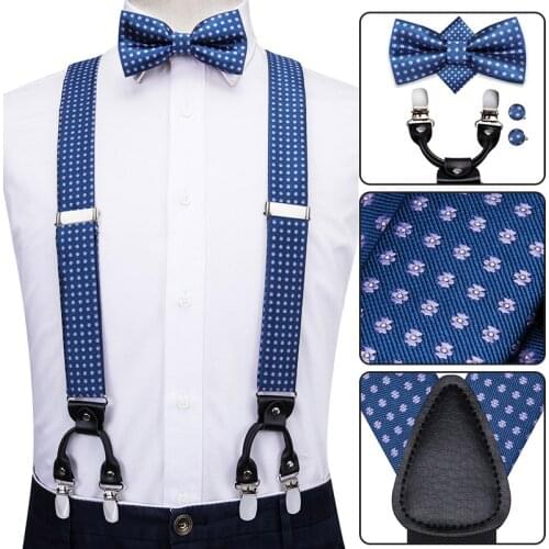Silk Woven Mens Suspenders Bow Tie Hanky Cufflinks Set 6 Clips On Men Vintage Braces Gold Red Blue Green White Floral Adjustable
