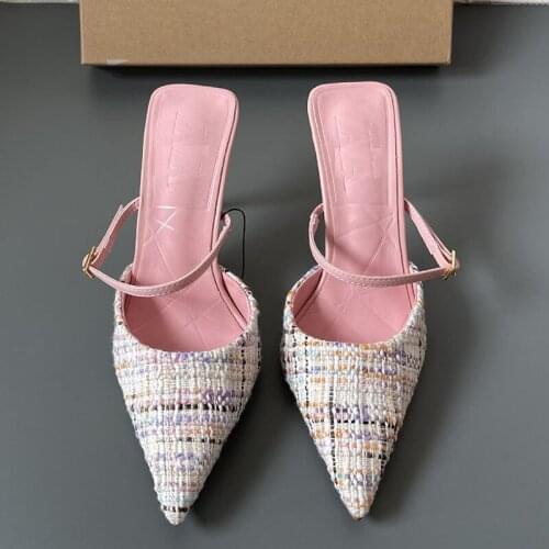 Fashion Brand Women Slipper Thin High Heel Ladies Sandal Shoes Pointed Toe Shallow Slip On Mules Outdoor Pink Slides Mujer 2022