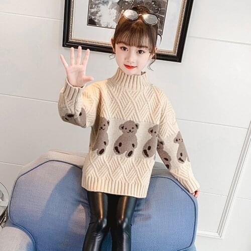 Girls' sweaters 2021 new childrens autumn knitted sweaters diamond plaid cartoon bear childrens sweater turtleneck 3 colors