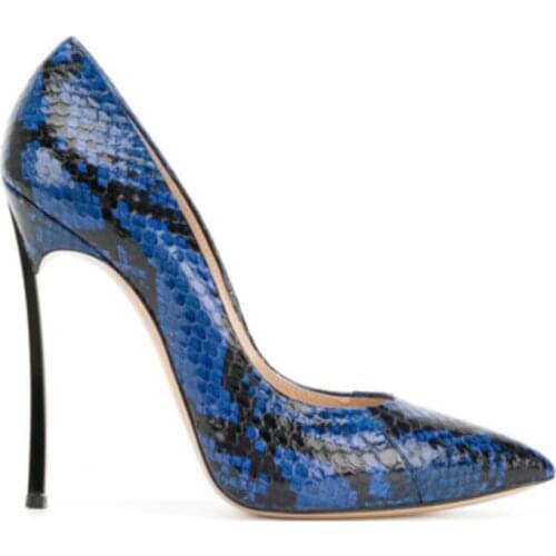 Women Club Sexy Blade High Heel Python Shoes Ladies Snakeskin Grain Leather Metal Thin Heels Slip on Pumps Low cut Party Heels