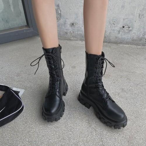 2021 New Platform Mid Calf Boots Women Autumn Winter Fashion Martin Boots Female Thick Bottom PU Leather Flat Shoes Botas Mujer