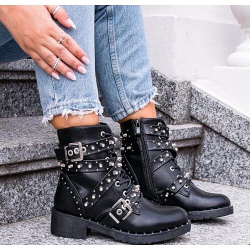 Women Leather Ankle Boots Ladies Autumn Buckle Short Boots Square Heel Rivet For Woman Black Fall Winter Punk Motocycle Shoes
