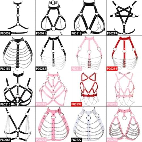 Leather Body Harness Bra Metal chain Bondage Lingerie Harnesses for Women Pink Adjust Punk Goth Pu Strap Tops Cage Festival Rave