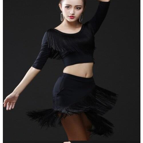 Ladies Latin Dance Dress Women Blue Red Black Stage Costumes Tassel Salsa O-Neck Rumba/Samba Salsa Perform Fitness Dancewear
