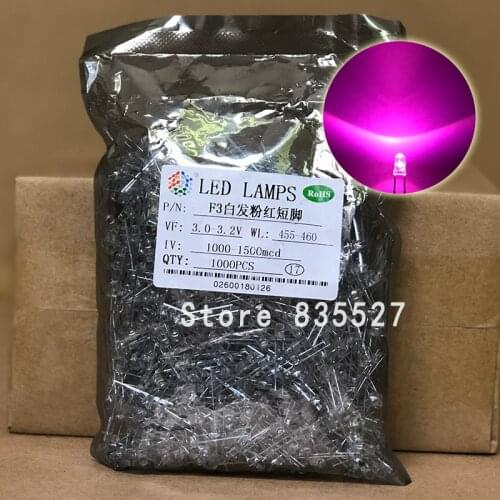 1000PCS/LOT F3 3MM Round Transparent Shell Pink LED Light-emitting Diodes Water Clear For DIY Light lamp beads DIP