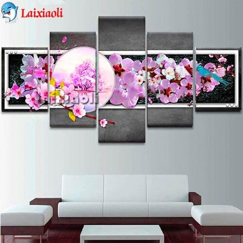 5 Panel diamond Mosaic Pink orchid bloom diy full drill Full square round diamond embroidery rhinestone Painting decor Picture