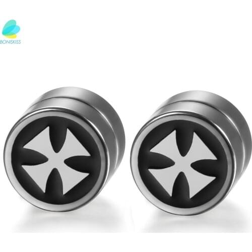 BONISKISS Mens Magnetic Ear Stud Fake Plug Cheater with St. Columba Wheel Cross Symbol