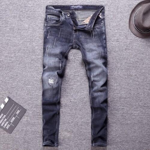 Italian Style Fashion Men Jeans Retro Black Blue Elastic Cotton Ripped Jeans For Men Vintage Designer Slim Fit Denim Pants Homme