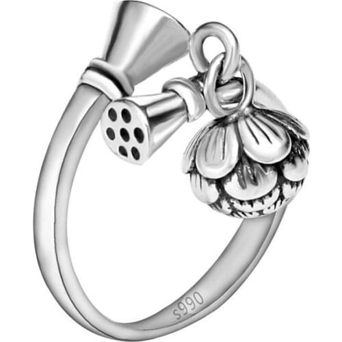 Lotus bell S925 silver retro Korean version of the hipster exaggerated charm open buckle adjustable womens ring