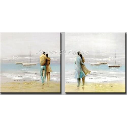 Mintura 2Pcs Hand Painted Lovers Oil Paintings on Canvas Modern Abstract Sea Landscape Wall Picture For Living Room Home Decor