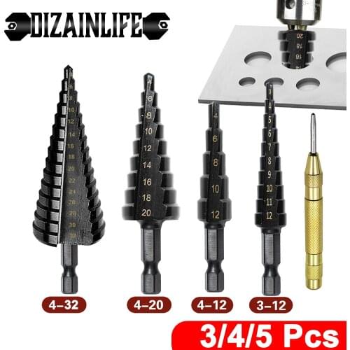 HSS Step Drill Bit Set Titanium Coated Pagoda Straight Groove Step Cone Drill Bit Drilling Power Tool Wood Metal Hole Cutter