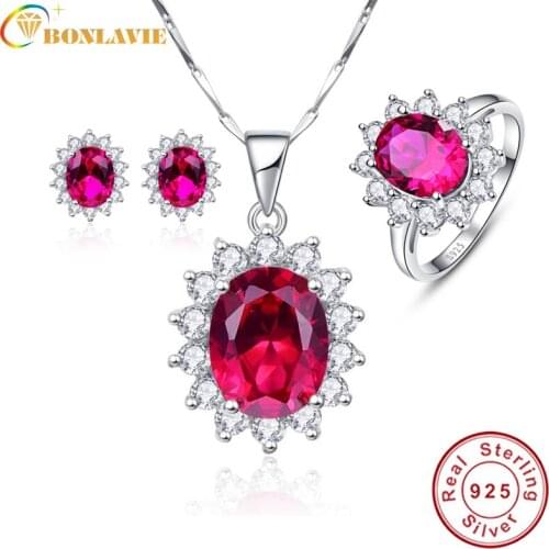 BONLAVIE Princess Diana Sun Flower Decoration Ruby Wedding Bridal Earrings& Necklaces& Rings Jewelry Sets Sterling Silver 925