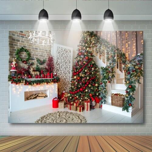 Christmas Camp Themed Backdrop Winter White Brick Wall Ice Tent Background Photo Studio Newborn Green Christmas Tree Photocall