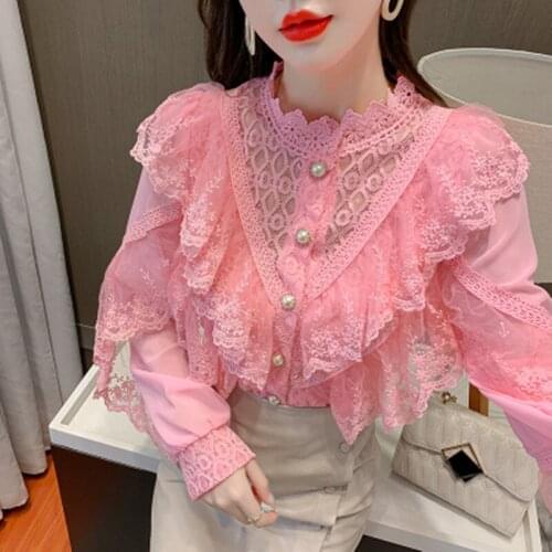 Early Spring 2021 New Fashion Lace Stitching Bottom Shirt Loose Chiffon Blouse Woman