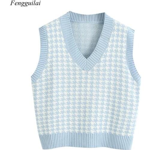 Women 2020 Fashion Oversized Knitted Vest Sweater V Neck Sleeveless Houndstooth Loose Female Waistcoat Chic Tops