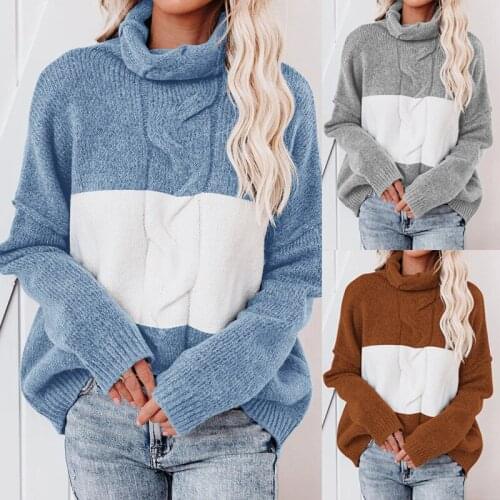 Women Sweater Autumn 2021 Striped Color Patchwork Full Sleeve Turtleneck Thick Warm Loose Style Fashion Knitted Pullovers C2834