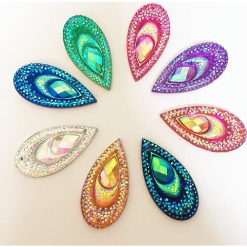 20PCS AB Resin 16*30mm teardrop Peacock eye Flatback Rhinestone Ornaments DIY Wedding appliques 2 hole buttons SD02*2