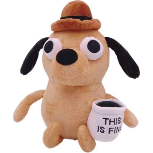 25CM This is Fine Meme Dog Plush With Coffee Cup Dumpster Fire Plush Stuffed Animals Doll Toys Collection Gift