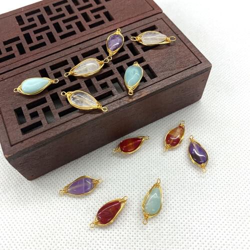 3pcs Natural Stone Pendant Amethyst Double Ring Pendant Connector Color Drop Shaped Jewelry Accessories DIY Bracelet Loose Bead