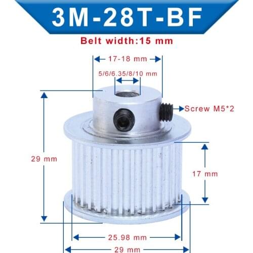 3M-28T Pulley BF shape Inner Bore 5/6/6.35/8/10 mm Aluminum pulley wheel Slot Width 17 mm For 3M-Rubber Timing Belt Width 15 mm
