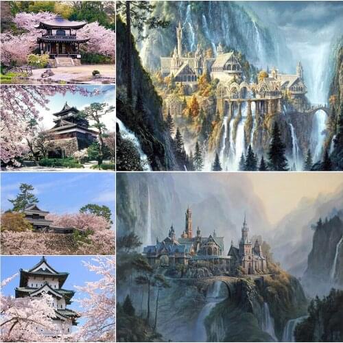 Diamond Painting Castle 5D DIY Diamond Embroidery Landscape Cherry Blossoms Full Drill Square Mosaic Art Cross Stitch Kits Gift