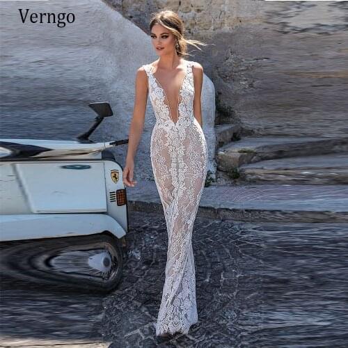 Verngo Modest White Lace Wedding Dress Vestido De Novia V Neck Nude Lining Slit Backless Bridal Gown Simple 2020 New Gelinlik