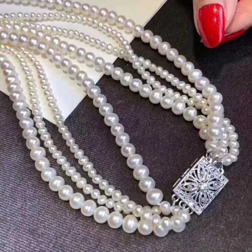 Free shipping 4row 3-4mm 7-8mm white Pearl jade CZ Necklace Pendant 925 silver micro inlay zircon clasp accessory jewelry