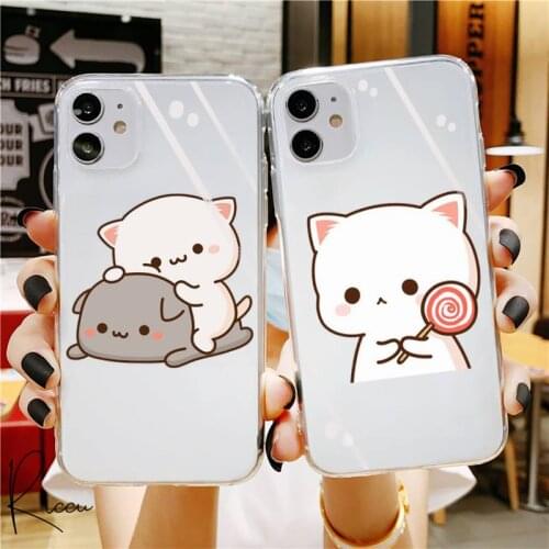 Peach Mochi Cat Cartoon Phone Case for iphone 8 7 6 6S Plus 12 pro max mini 11 pro XS MAX X 5S SE 2020 XR Transparent case cover