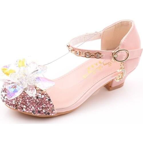 Princess Kids Leather Shoes for Girls Formal Dress Dance High Heel Shoes Fashion Glitter Children Wedding Leather Shoes Crystal
