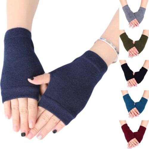Unisex Cotton Knitted Fingerless Gloves Solid Color Stretchy Thumb Hole Mittens
