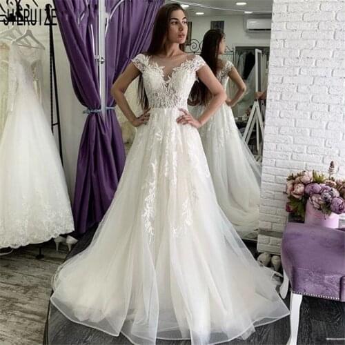 JIERUIZE Fashion White Wedding Dresses Short Sleeves Sheer O Neck Button Back A Line Appliques Bridal Dresses vestido de noiva