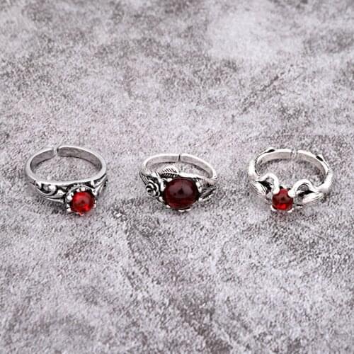 1PC Classical Glitter Red Store Open Ring Women Personality Vintage Metal Carving Pattern Bead Finger Ring Jewelry Gift R170