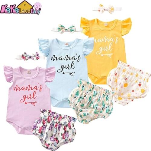 Cute Baby Girls Summer Clothes Cotton Letter Print Romper Denim Floral Shorts+Headband Sweet 3Pcs Set Newborn Infant Outfits