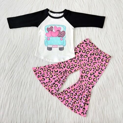 Infants Newborn kids Valentines Long Sleeve Outfits Girl Heart Pattern Shirt Leopard Pants Children Fashion Bells Clothing Set