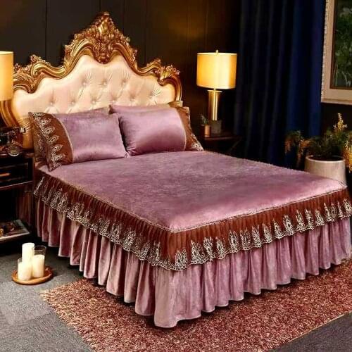 Royal Blue Princess Thick Bedspread Queen Size Velvet Warm Bedding Bed Skirt Pillowcases Lace Bed Sheet Linen Mattress Cover