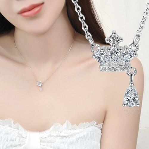 Trendy 925 sterling silver Crystal Crown Necklaces Pendants For Women Fashion Wedding sterling-silver-jewelry Necklace