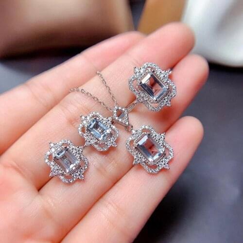 100% Natural Real Aquamarine Set 925 sterling silver 1pc Ring,2pcs Earring,1pc Pendant Birthday Best Gift