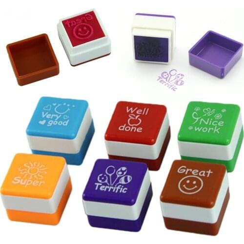 6pcs ABS Square Shaped Stamps Specified Teachers Comments Cute Seal Cartoon Stamp Set English Teacher Mark Correct Homework Seal