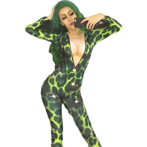 New Women Green Leopard Printed Bodysuit Stage Sexy Outfit Female Singer Leggings One Piece Nightclub Costume