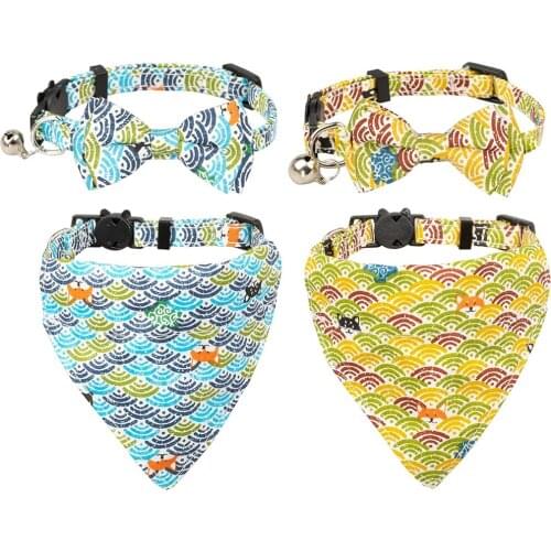 Cat Collar Set Breakaway Safety with Bell Adjustable Bow Tie Bandana Japanese Stylish Soft Kitten Collars Pet Bowties for Dogs