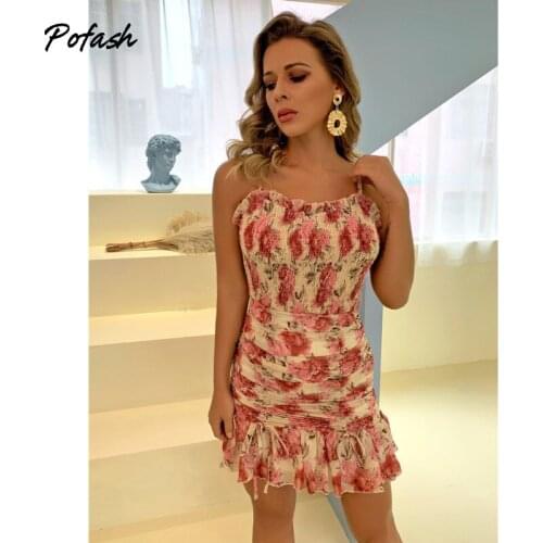 Pofash Ruched Floral Print Suumer Dresses Women Spaghetti Strap Bodycon Dress Female Beach Holiday Backless Mini Vestidos 2021