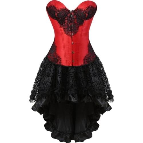 Sapubonva Corset Dress Lace Bustier Skirts Top Set Sexy Women Gothic Victorian Lolita Costume Vintage Lingerie Renaissance Red